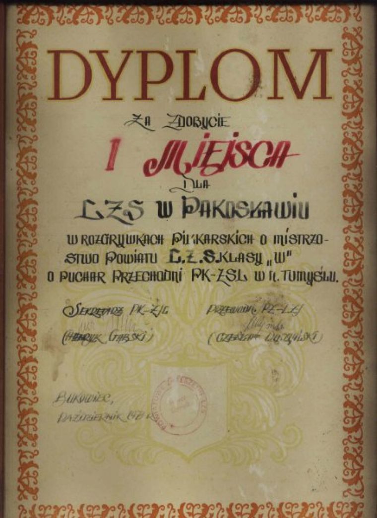 Błyskawica Pakosław – pierwszy dyplom z 1973 r.